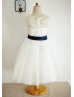 Ivory Lace Tulle Navy Blue Sash Knee Length Flower Girl Dress 